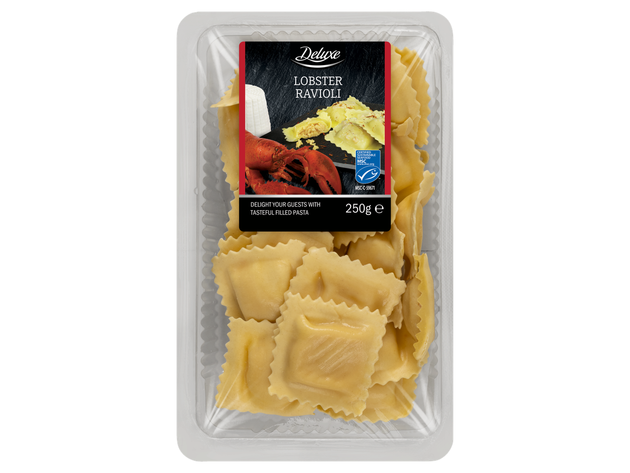 Deluxe Lobster Ravioli: 250g of tasty, filled pasta in a clear plastic tray.