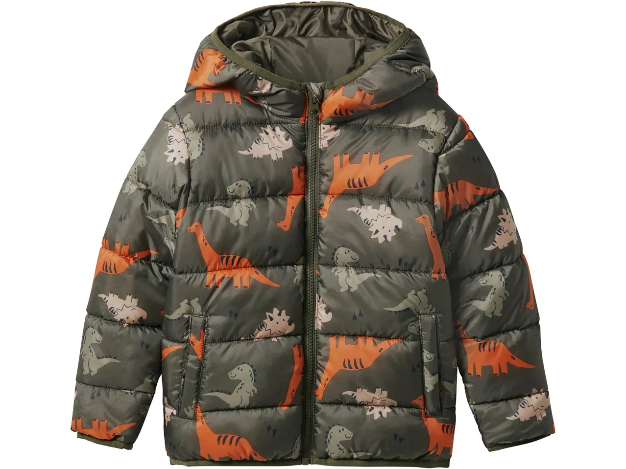 Kids' puffer jacket in olive green with a colorful dinosaur print