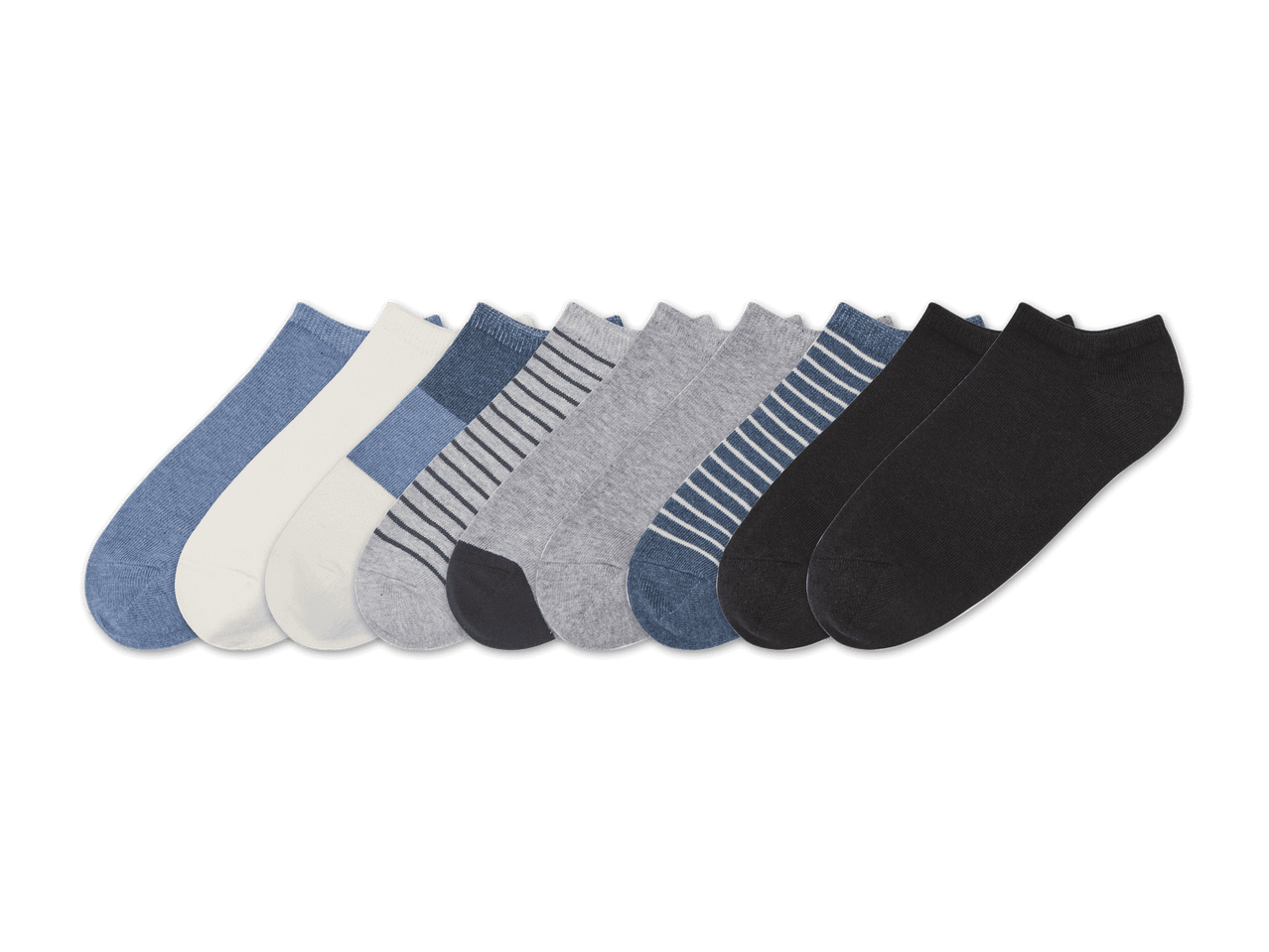 Zehn Paar No-Show Socken in verschiedenen Farben und Mustern.