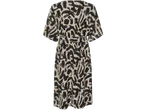 Rochie midi bej cu imprimeu abstract negru.