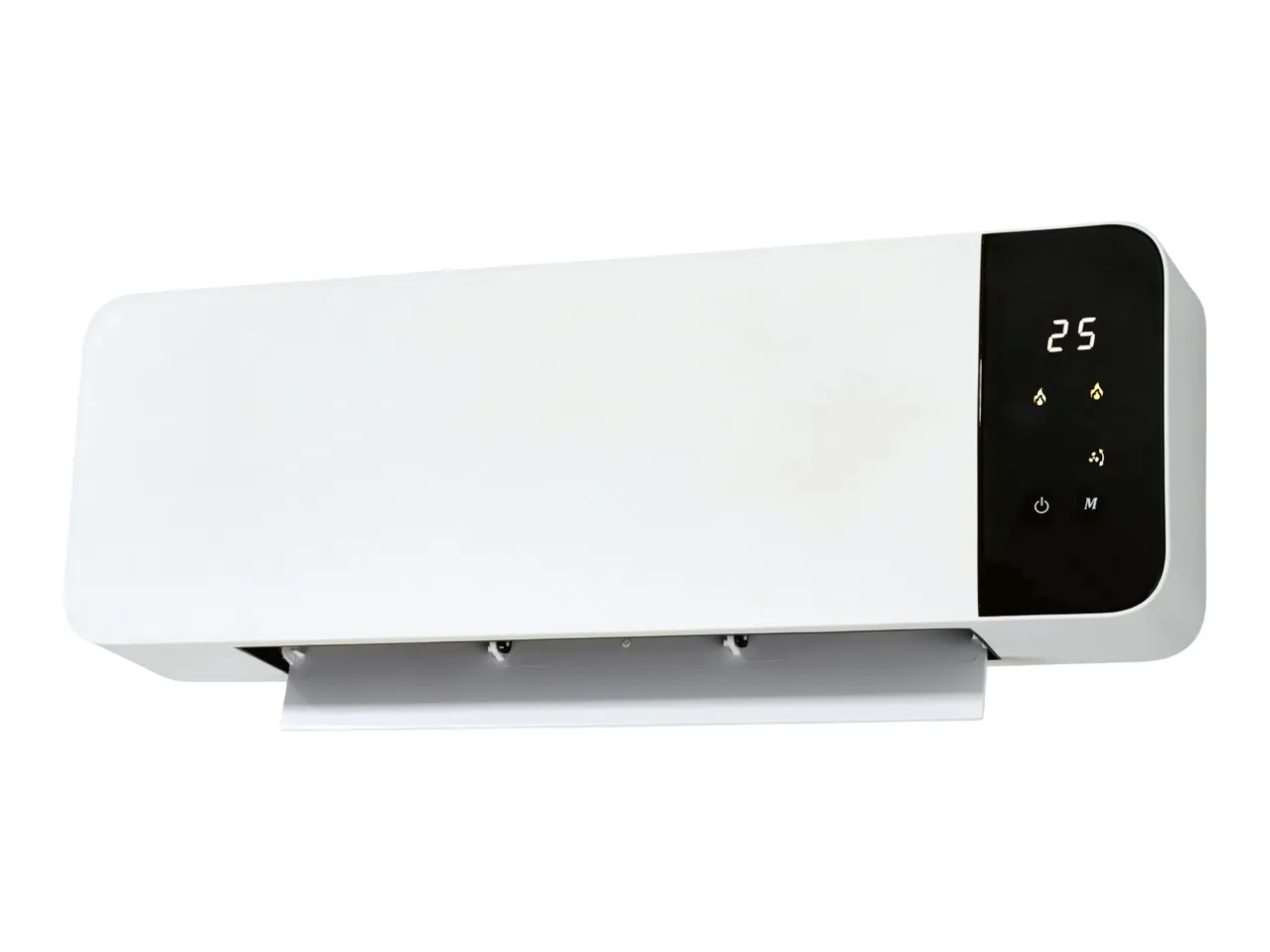 White wall-mounted electric heater with a digital display showing '25' and control buttons