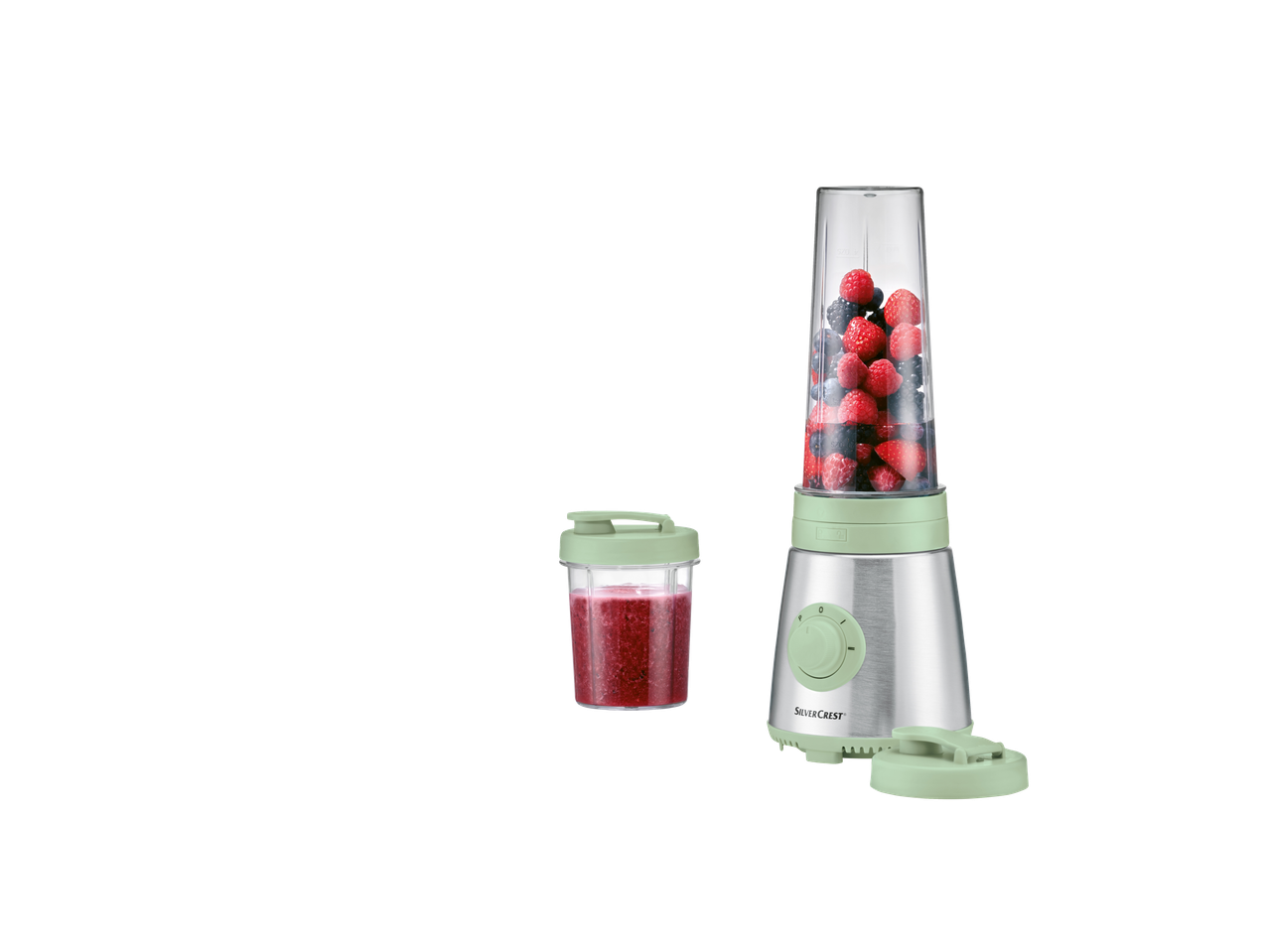 Liquidificador de batidos Silvercrest® com fruta e bebida pronta.