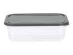 Rectangular clear food storage container with a dark grey lid
