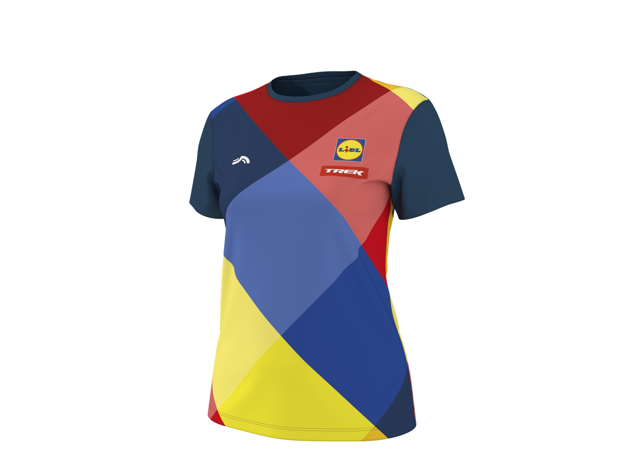 Tricou funcțional CRIVIT de damă cu model geometric colorat și logo-uri Lidl Trek.