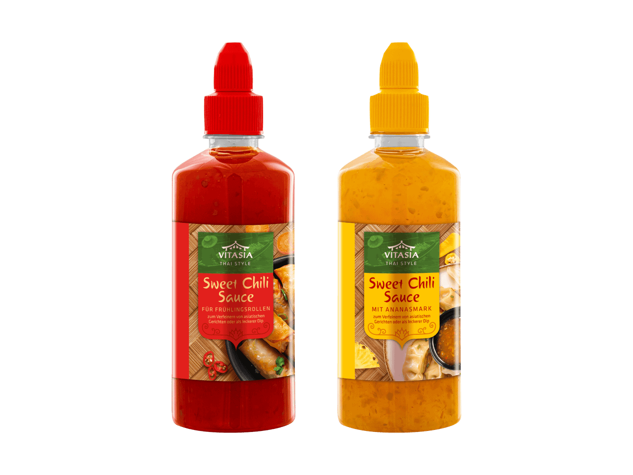 Zwei Flaschen Sweet Chili Sauce, eine rot für Frühlingsrollen und eine gelb mit Ananasgeschmack.