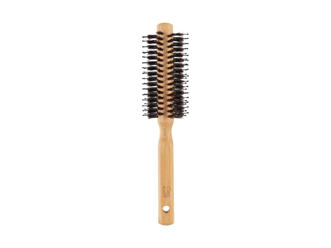 A round hairbrush with a bamboo handle and black bristles, featuring the text 'Cien BEAUTY'.