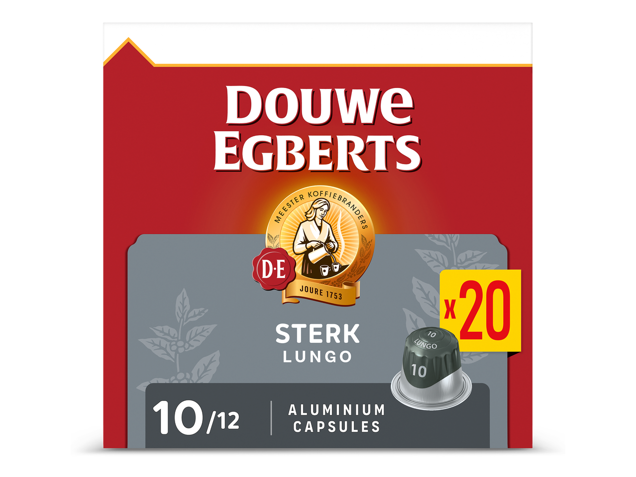 Verpakking met 20 aluminium koffiecapsules, sterkte 10/12 lungo.