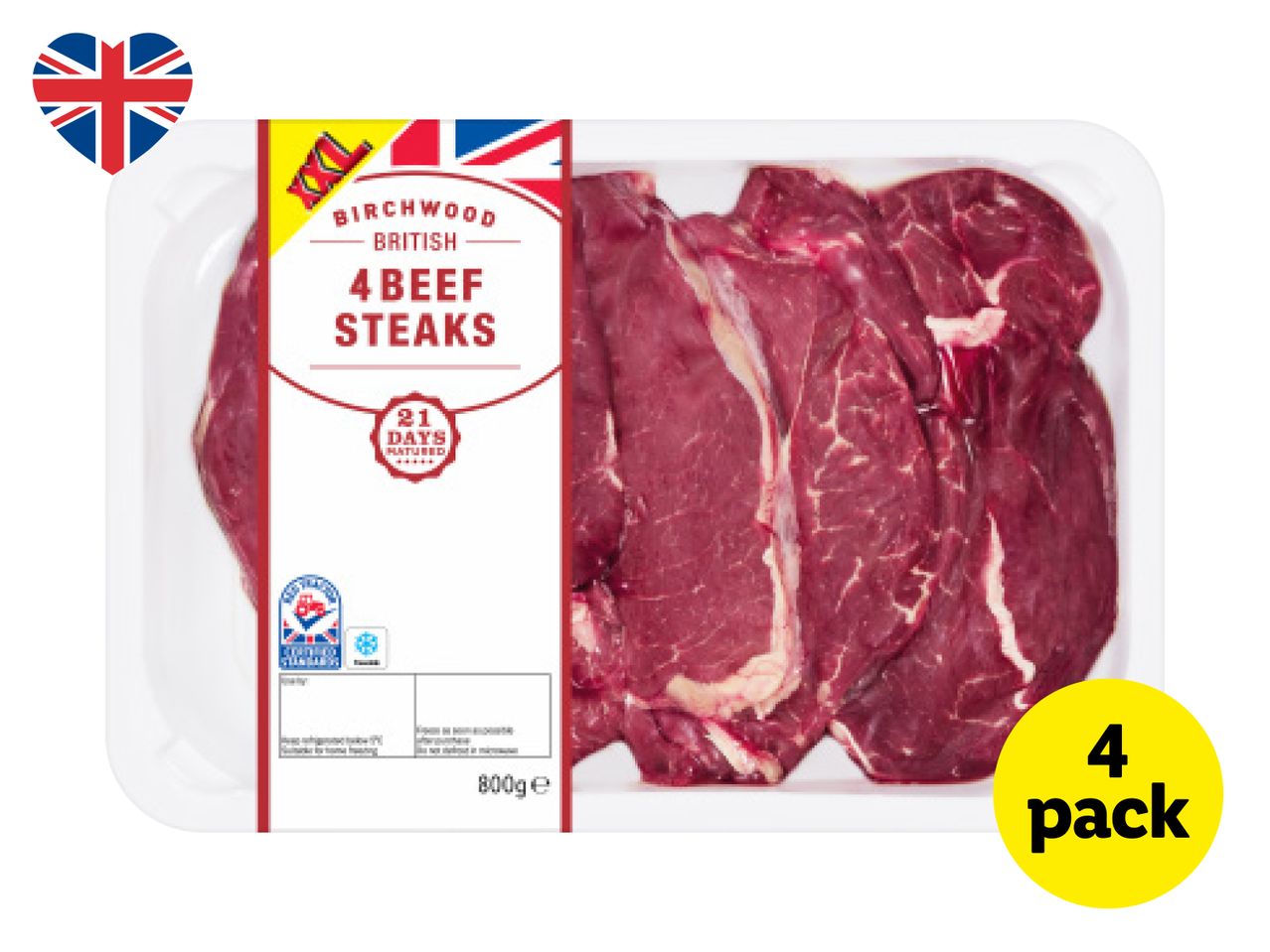 A pack of four Birchwood British beef steaks, 800g, with a 4-pack label.