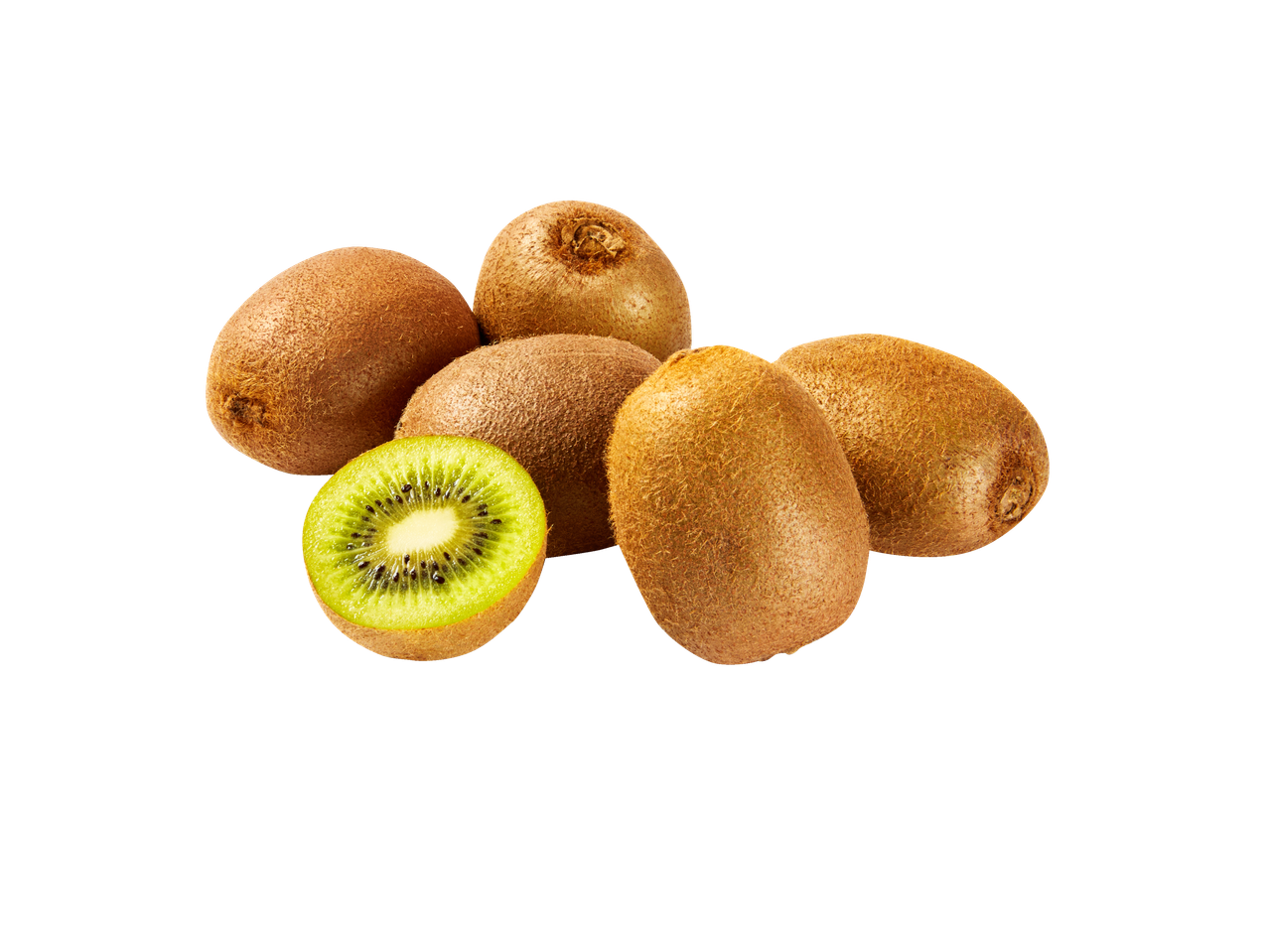 Een stapel kiwi's, waarvan één doormidden is gesneden, met het groene vruchtvlees zichtbaar.