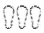 Three shiny metal carabiner clips are shown against a black background.