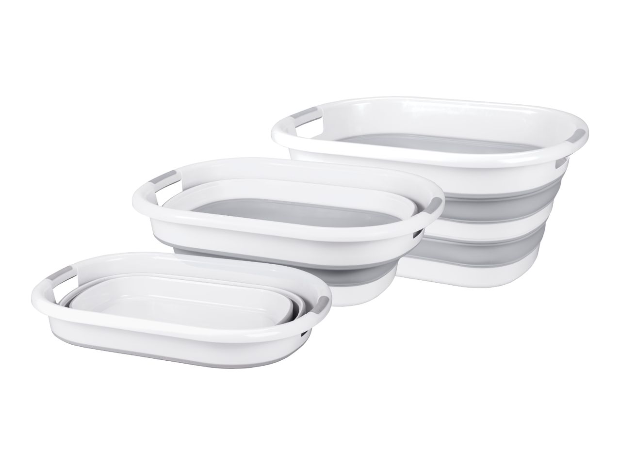 Three collapsible laundry baskets in different sizes and states of collapse