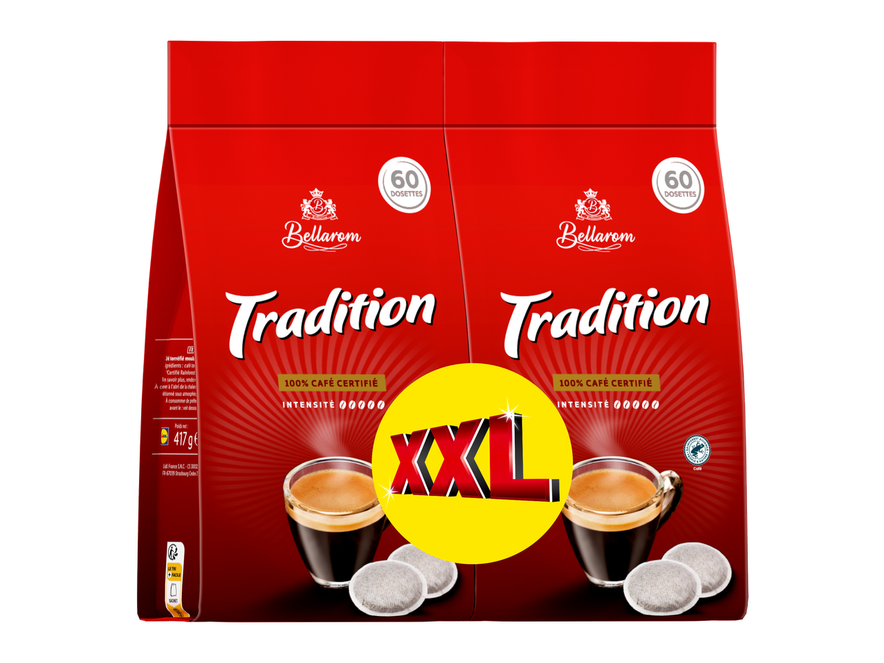 Deux paquets de dosettes de café Tradition, 100% certifié, intensité 5, format XXL.