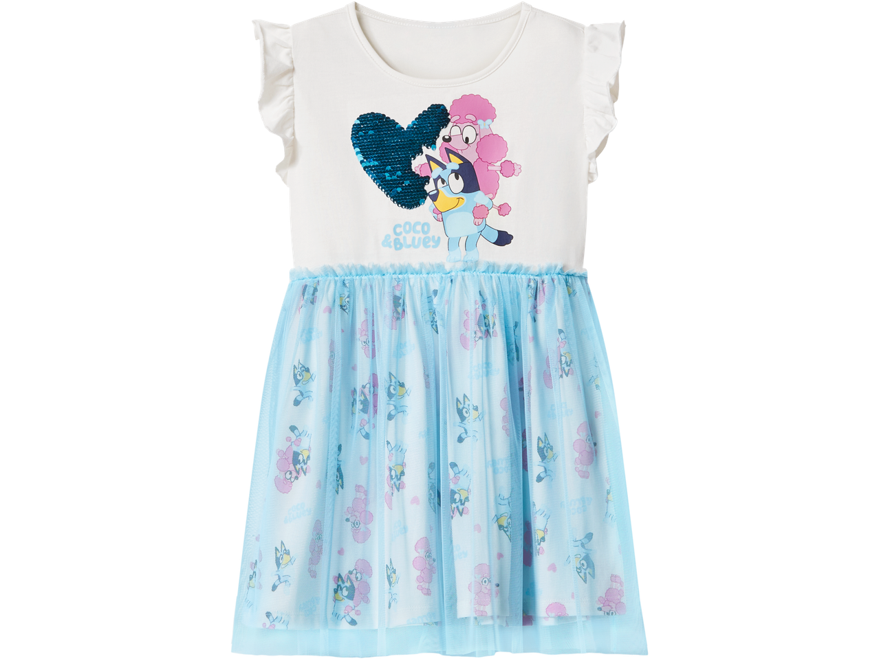 White and blue dress with ruffled sleeves, sequin heart, and cartoon dog characters, with a blue tulle skirt.