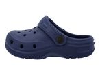 Dark blue clogs with ventilation holes and a movable heel strap.