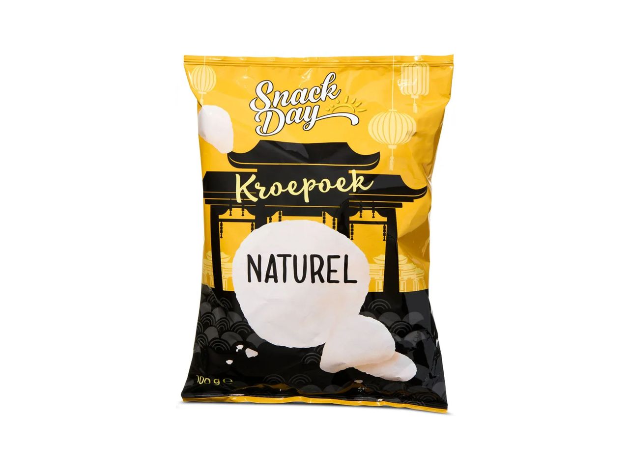 Snack Day: Naturel kroepoek, Aziatische snacks in gele verpakking.