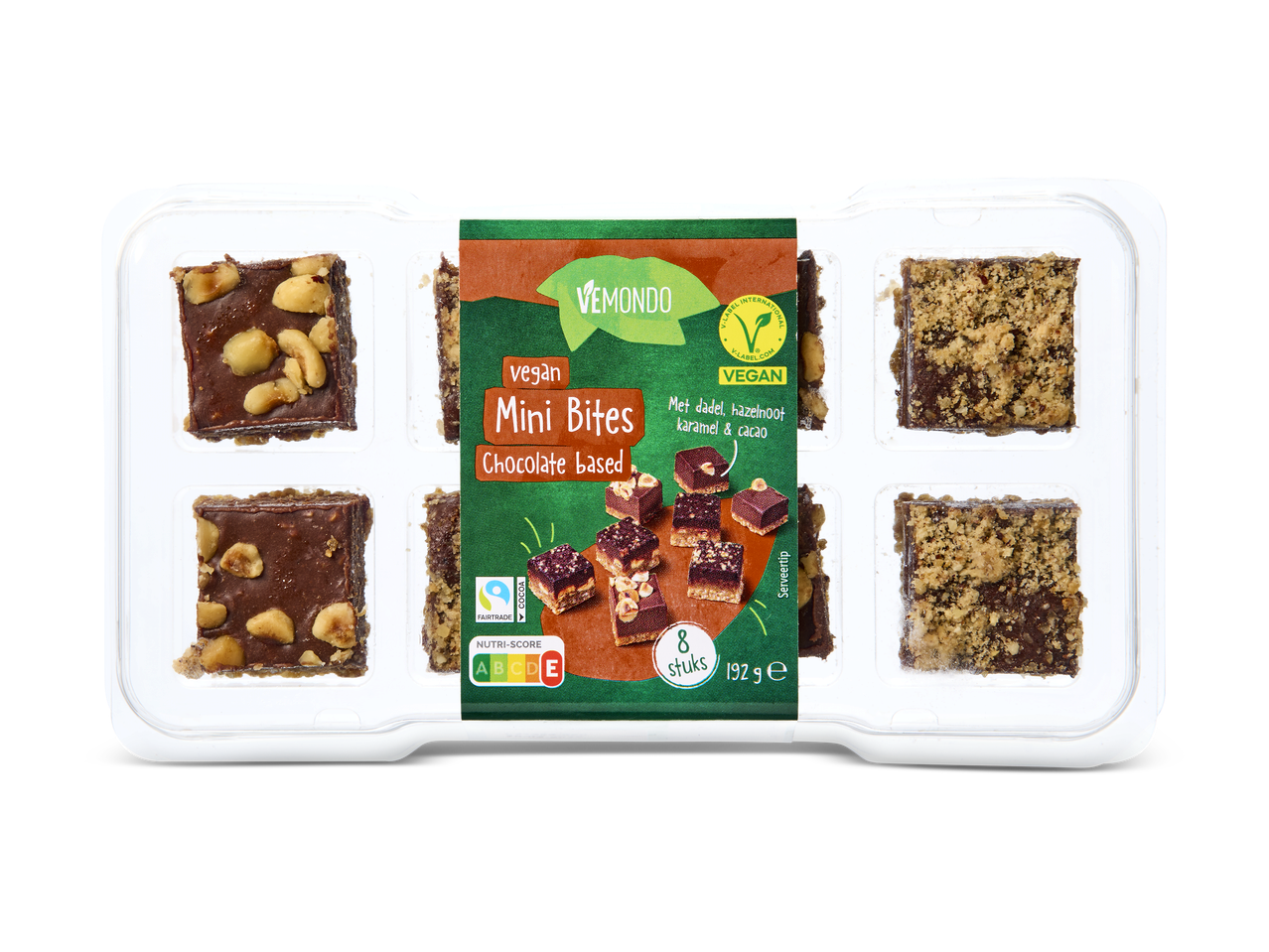 Vegan chocolade mini bites met dadel, hazelnoot, karamel en cacao in een verpakking van 192g.