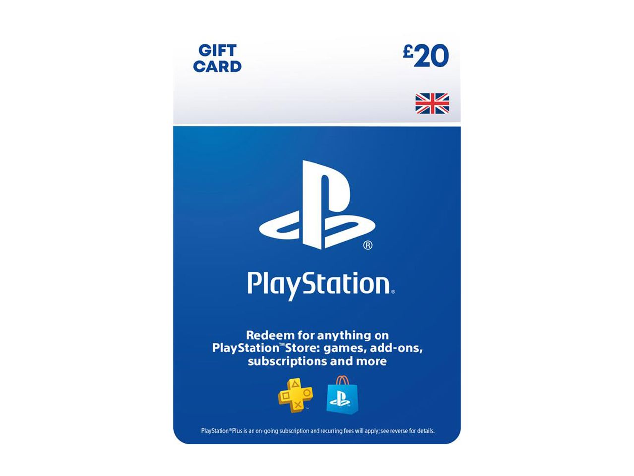 A £20 PlayStation gift card for the UK, redeemable for games, add-ons, and subscriptions.