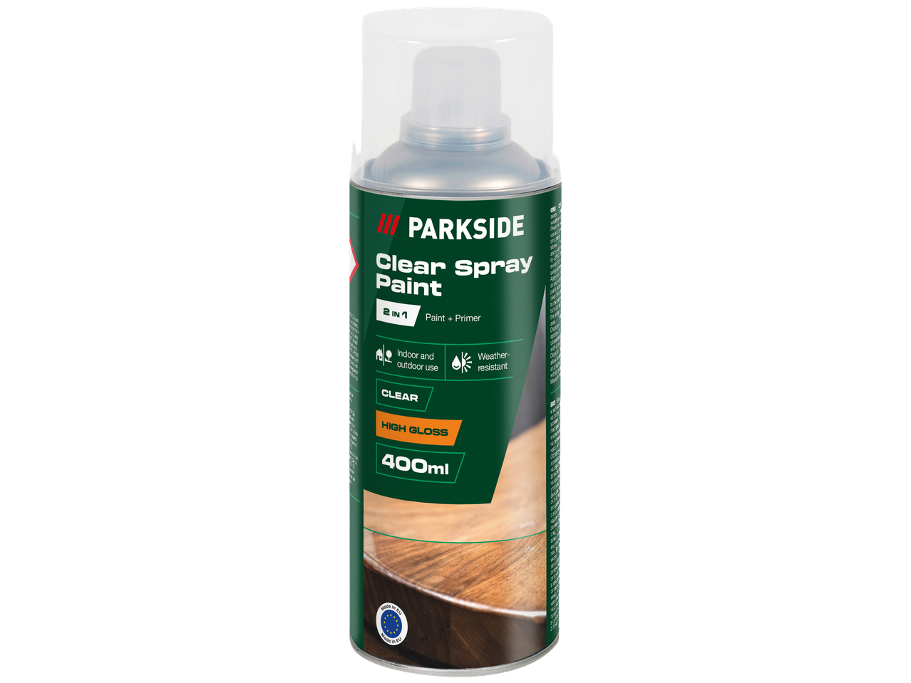 Parkside Prozirna Sprej Boja, 400ml, visoki sjaj, 2 u 1 boja i prajmer.