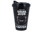 Black marble-patterned travel mug with 'COME TO THE DARK SIDE WE HAVE COFFEE' text.