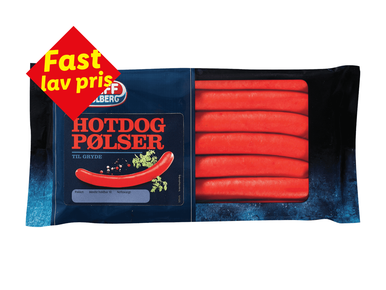 Pakke med hotdogpølser til gryde med et rødt mærke, der siger 'Fast lav pris'.