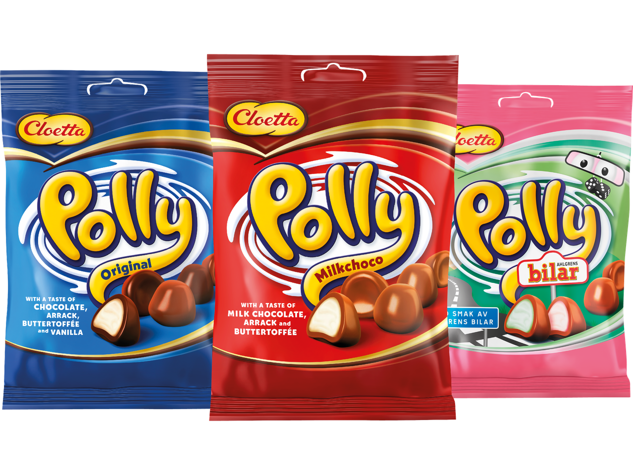 Tre påsar Cloetta Polly-godis i smakerna Original, Milkchoco och Ahlgrens Bilar.