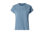 Light blue women's t-shirt with embroidered details on the shoulders and sleeves.