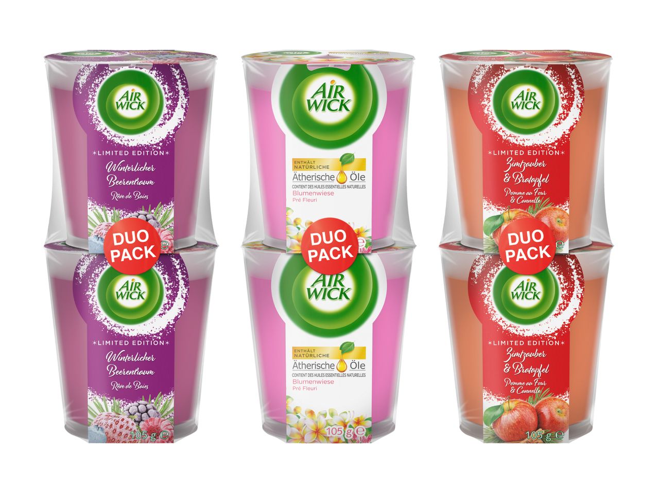 Lot de six recharges Air Wick pour diffuseur, aux senteurs variées.