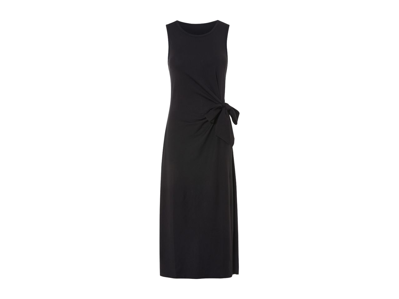 A black sleeveless midi wrap dress.