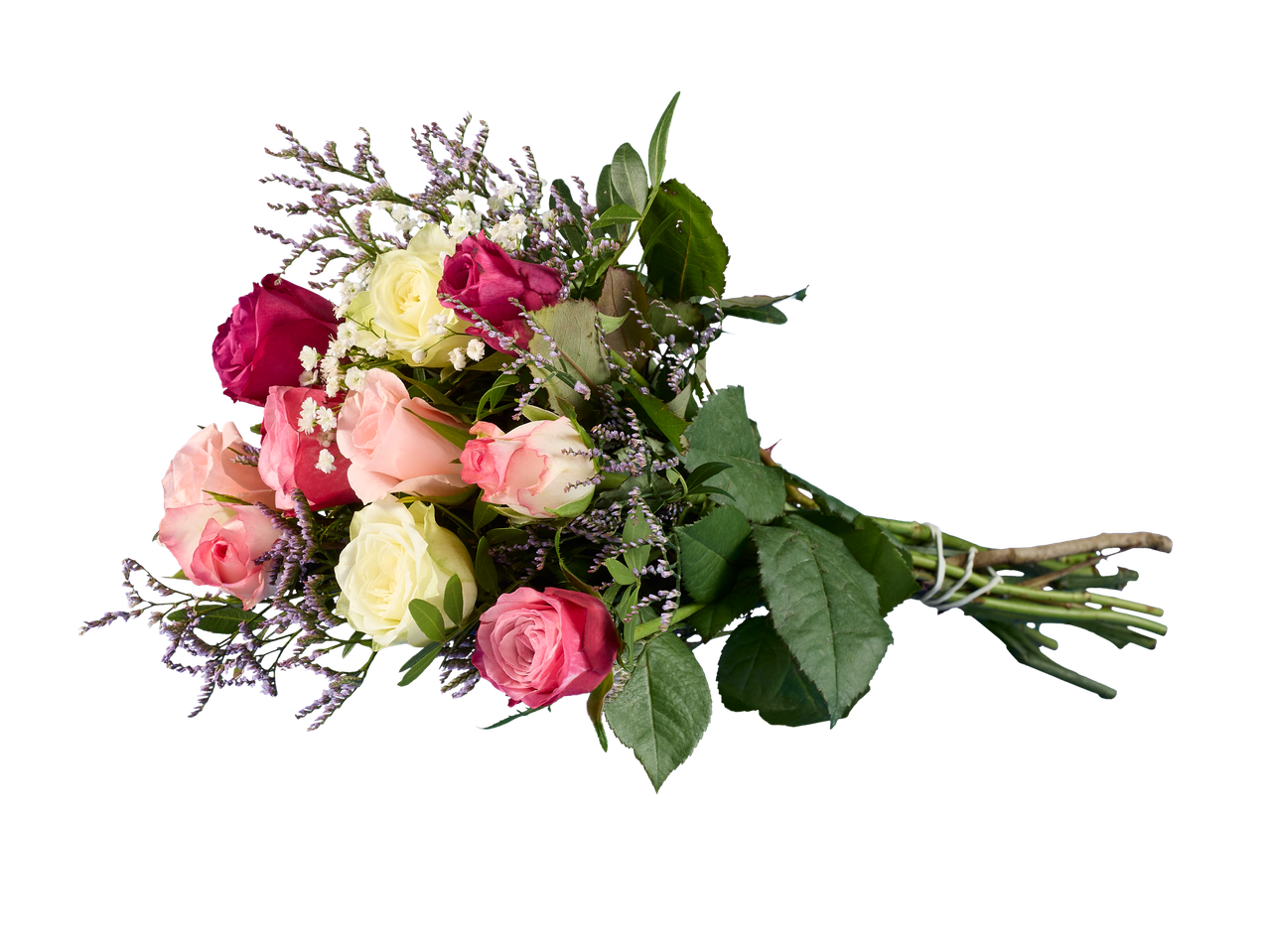 Een boeket rozen in verschillende tinten roze en wit.