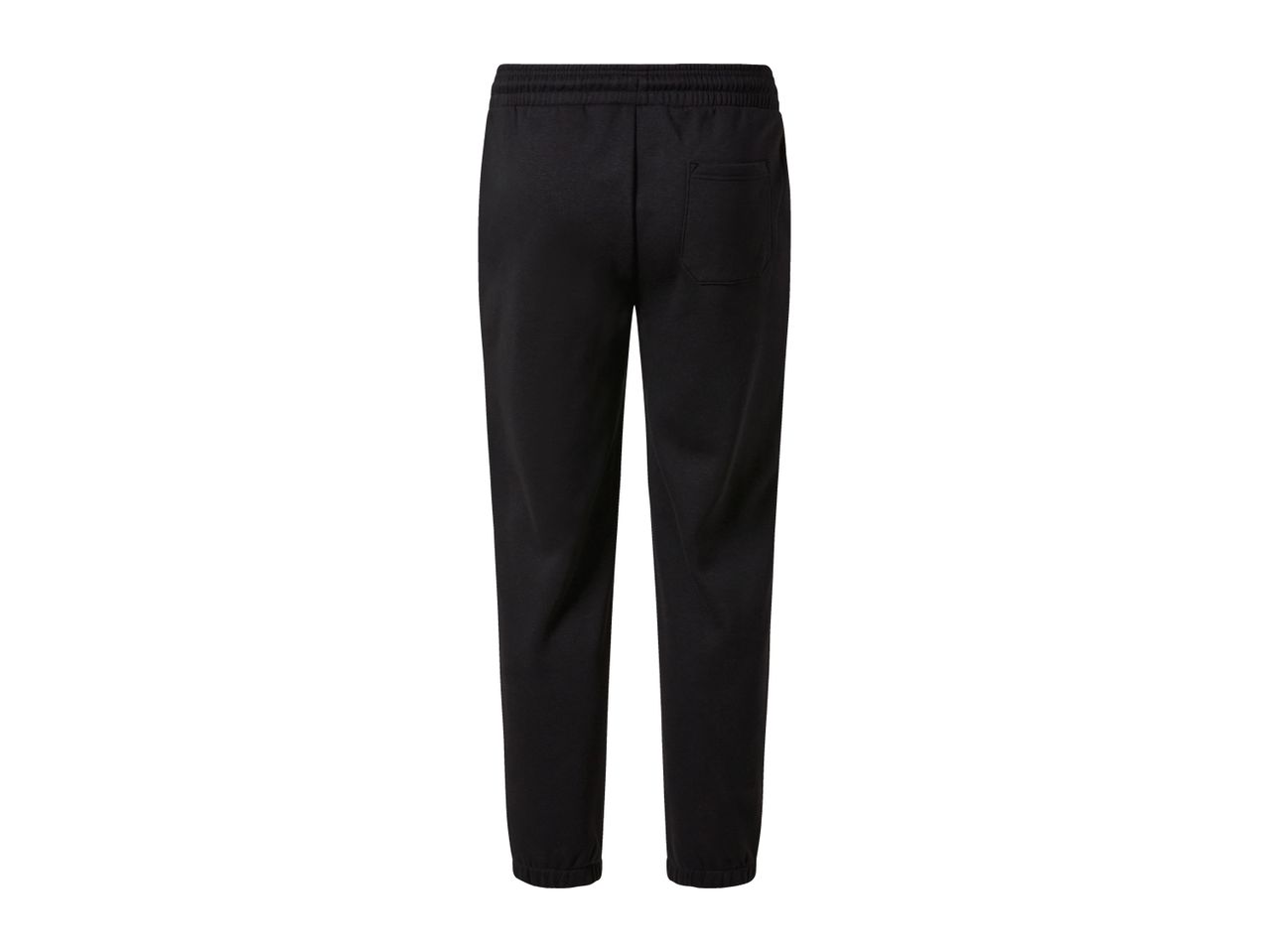 Black sweatpants with an elastic waistband and a back pocket.
