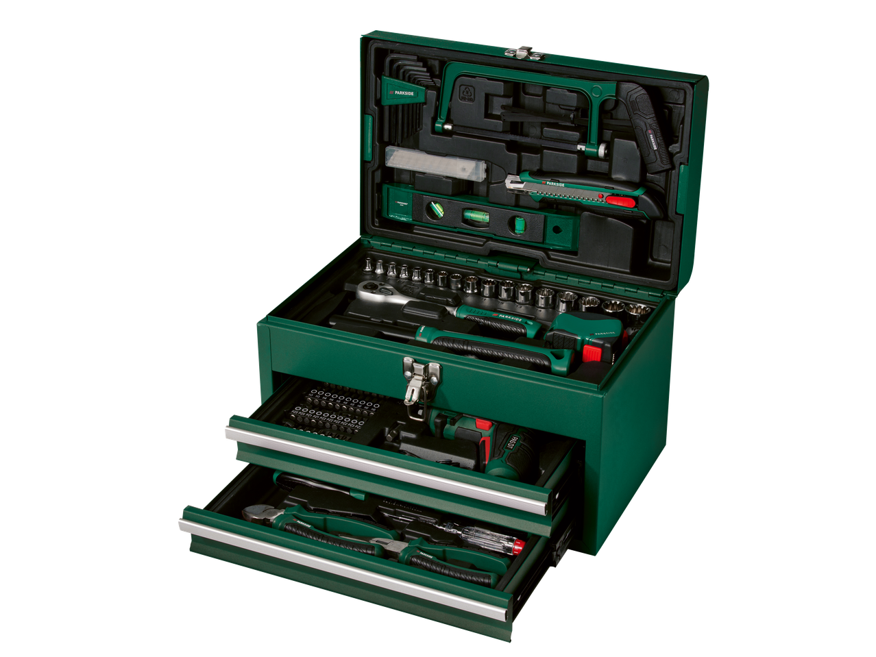 Zelena kutija za alat PARKSIDE sa akumulatorskim odvijačem, ključevima, kleštima i drugim alatom.