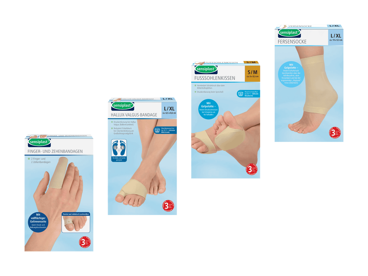 Vier Fußpflegeprodukte, darunter Finger- und Zehenbandagen, eine Hallux-Valgus-Bandage, Fußsohlenkissen und Fersensocken.