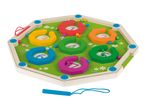 Wooden hexagonal maze board with colorful numbered obstacles and magnetic wand.
