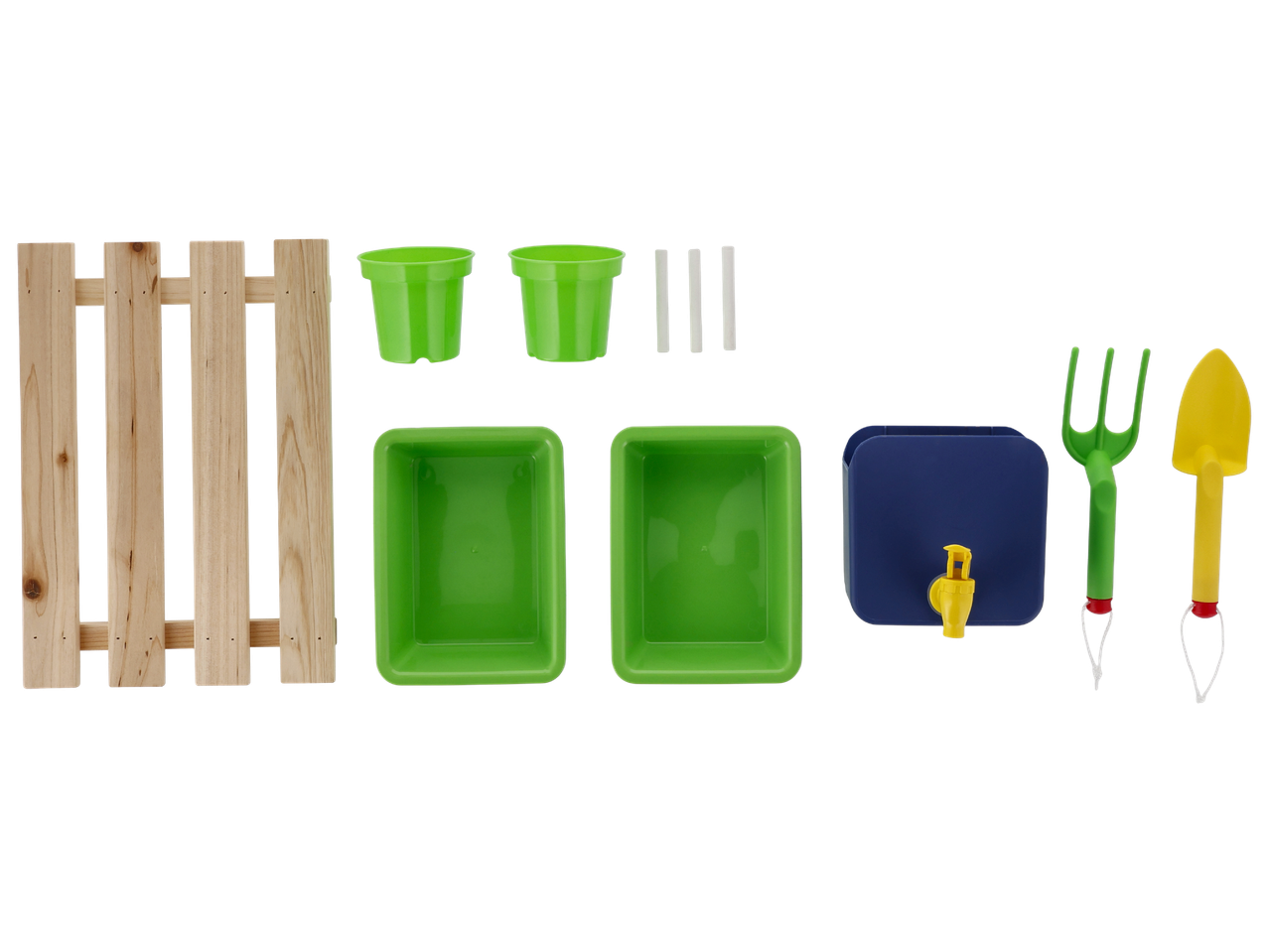 Комплект за градинарство с дървена ограда, саксии, контейнери, лейка, лопатка и гребло.