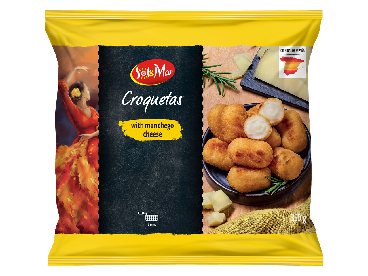 Sol&Mar Croquetas com queijo Manchego em embalagem amarela com dançarina de flamenco e mapa de Espanha.