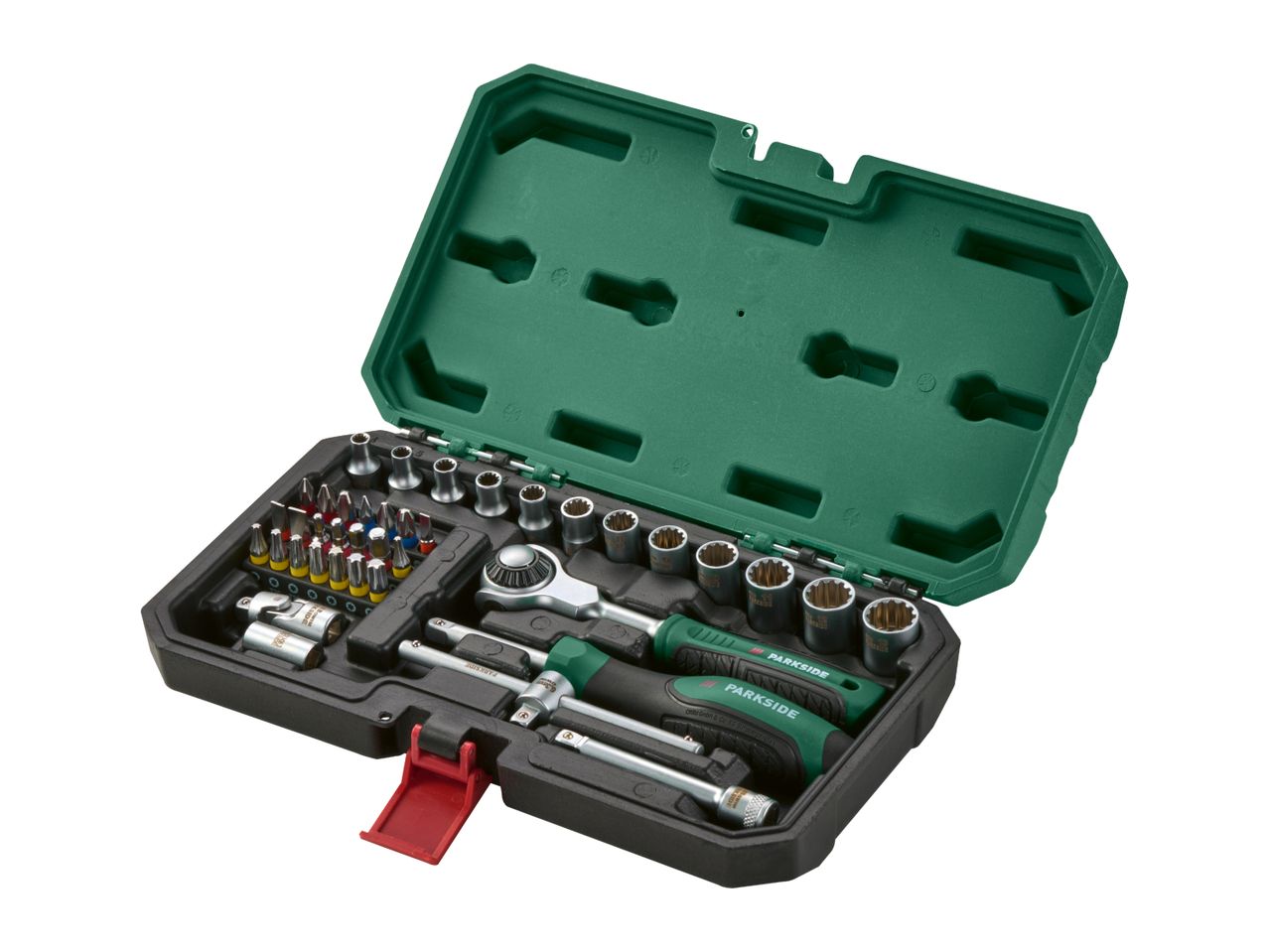 Open socket wrench and bit set in a green and black plastic case