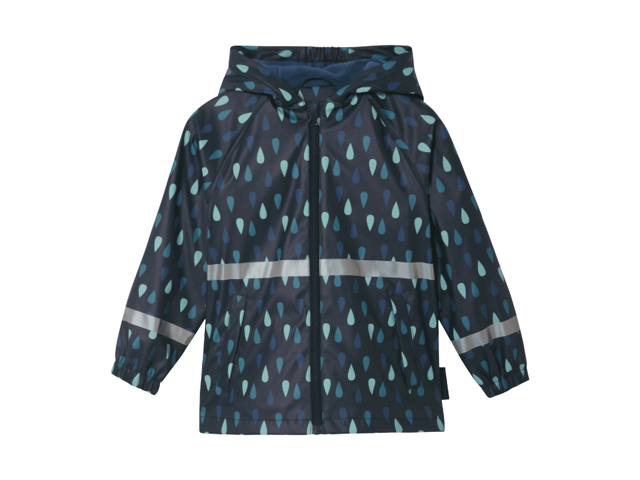 Tamsiai mėlyna vaikiška striukė nuo lietaus su spalvotais lašelių raštais ir atšvaitinėmis juostomis.