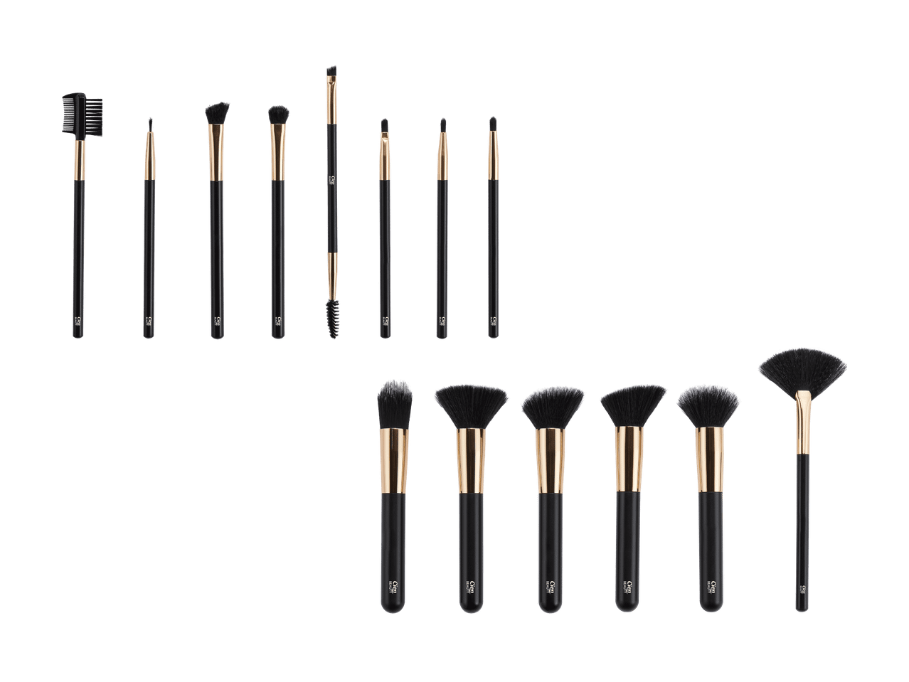 Ensemble de 15 pinceaux de maquillage noirs avec des accents dorés, incluant des pinceaux poudre, fard à paupières et sourcils.