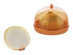 An orange plastic onion keeper with a halved onion beside it.