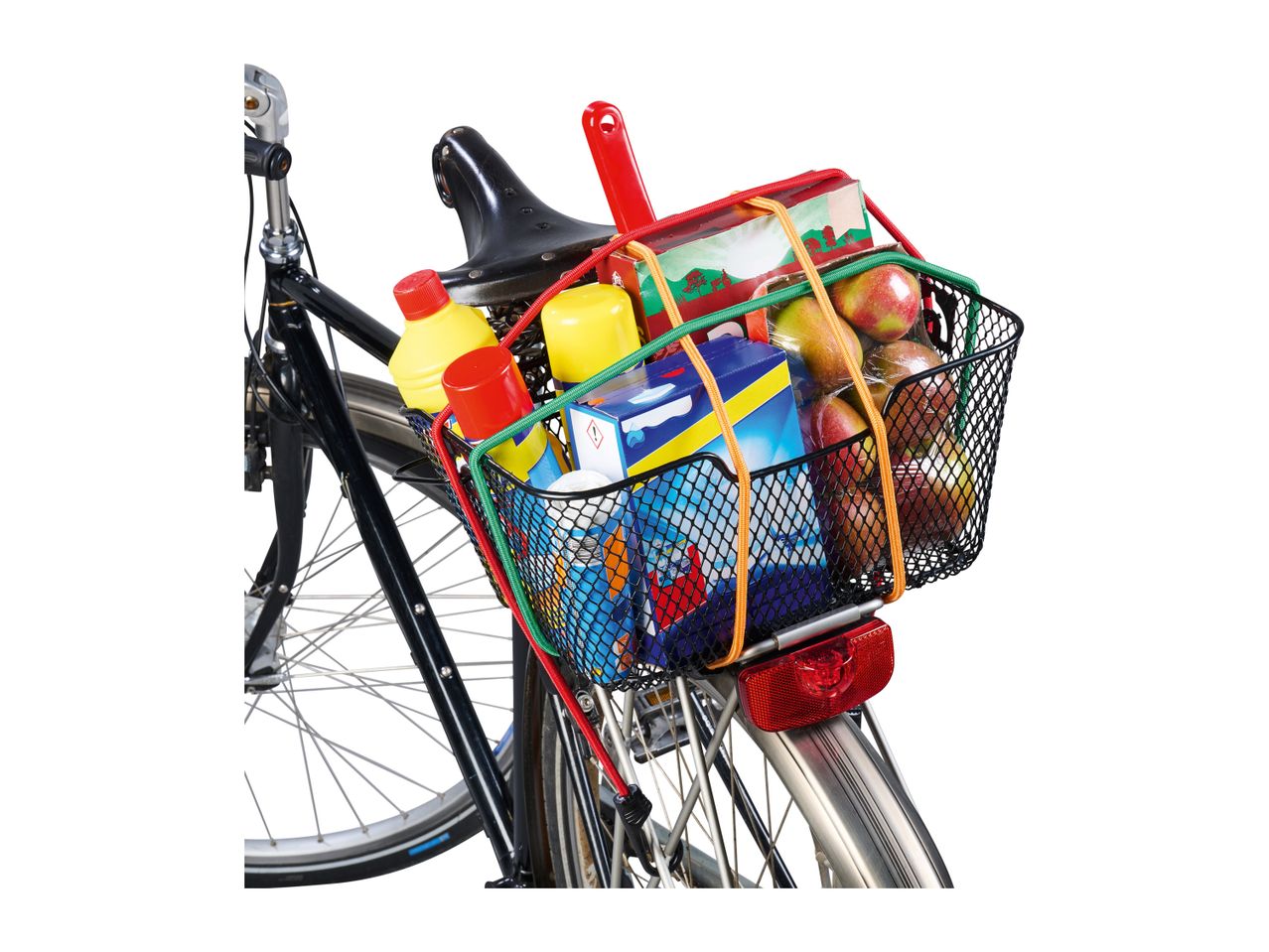 A bicycle with a wire basket carrying groceries.