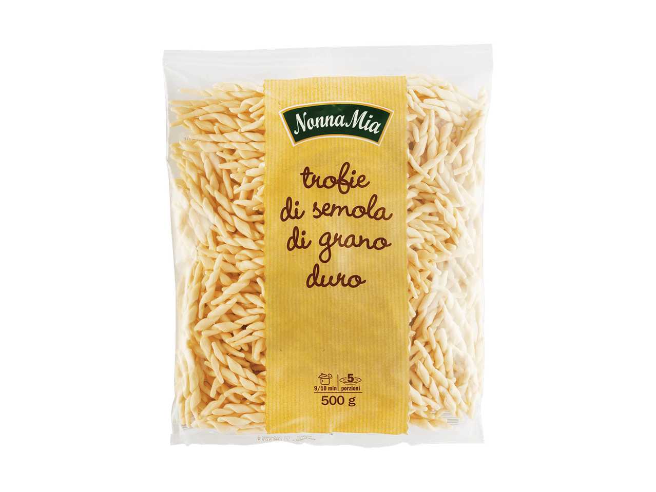 Packung Nonna Mia Trofie-Nudeln aus Hartweizengrieß, 500g.