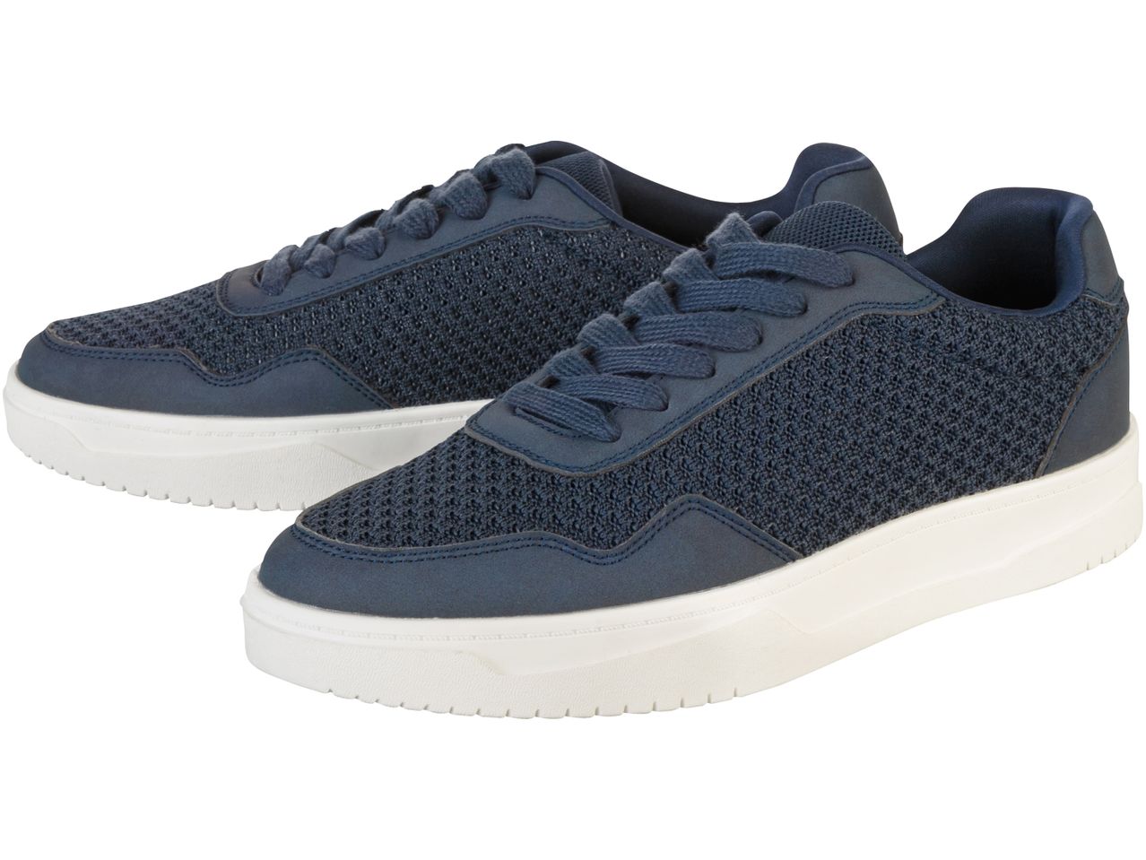 A pair of navy blue mesh sneakers with white soles.