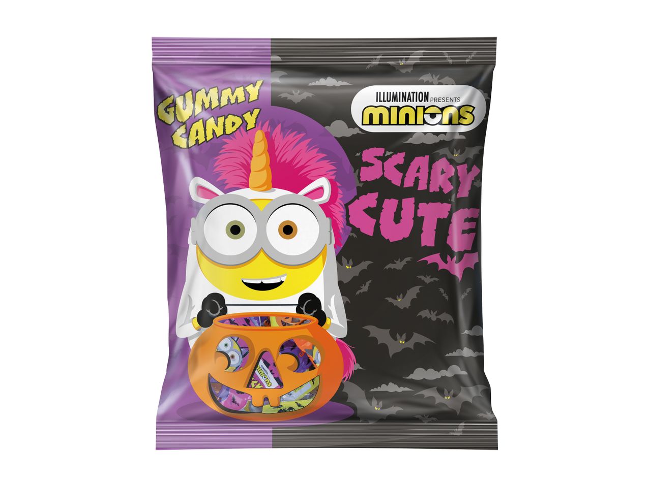 Vrečka gumijastih bombonov Minions s temo noči čarovnic, na kateri je Minion v kostumu samoroga.