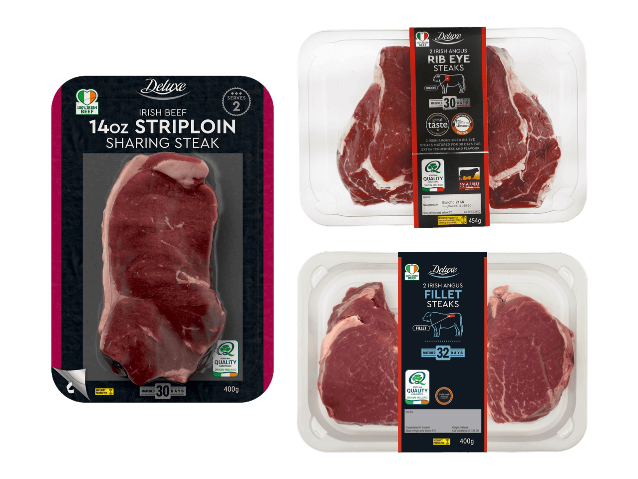 Kolme pakkausta irlantilaista naudanlihaa: striploin, rib eye -pihvit ja fileepihvit.