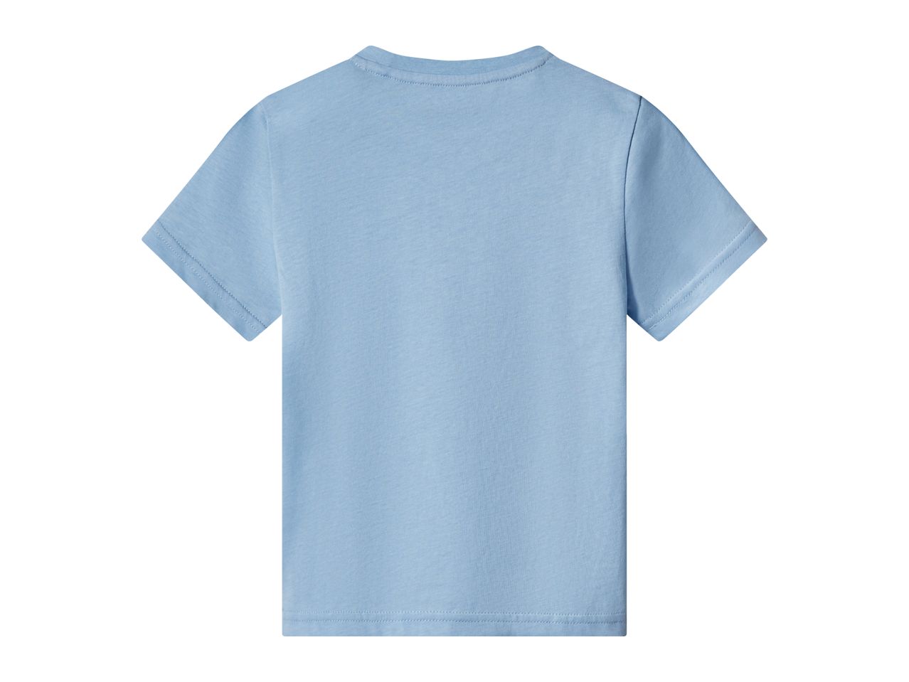 Back view of a light blue short-sleeved t-shirt with a crew neck.