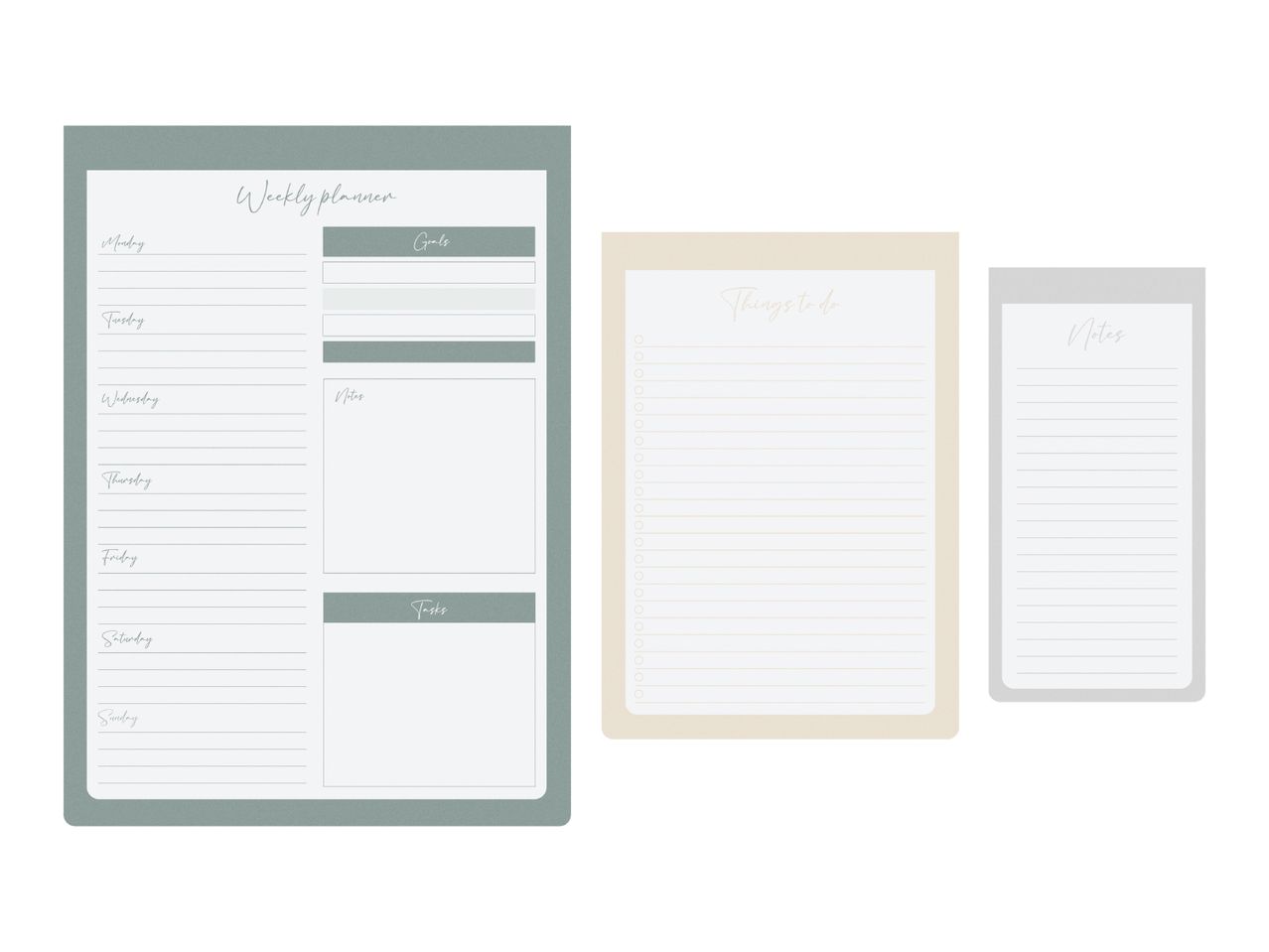 A weekly planner, a 'things to do' list, and a 'notes' pad, all with a minimalist design.