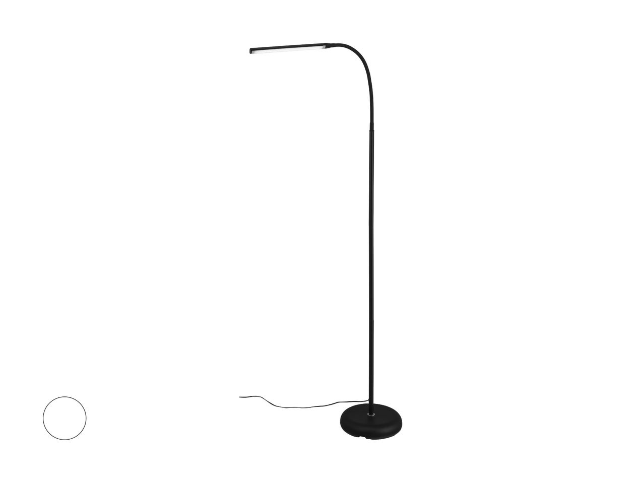 En sort, bueformet gulvlampe med LED-lys.