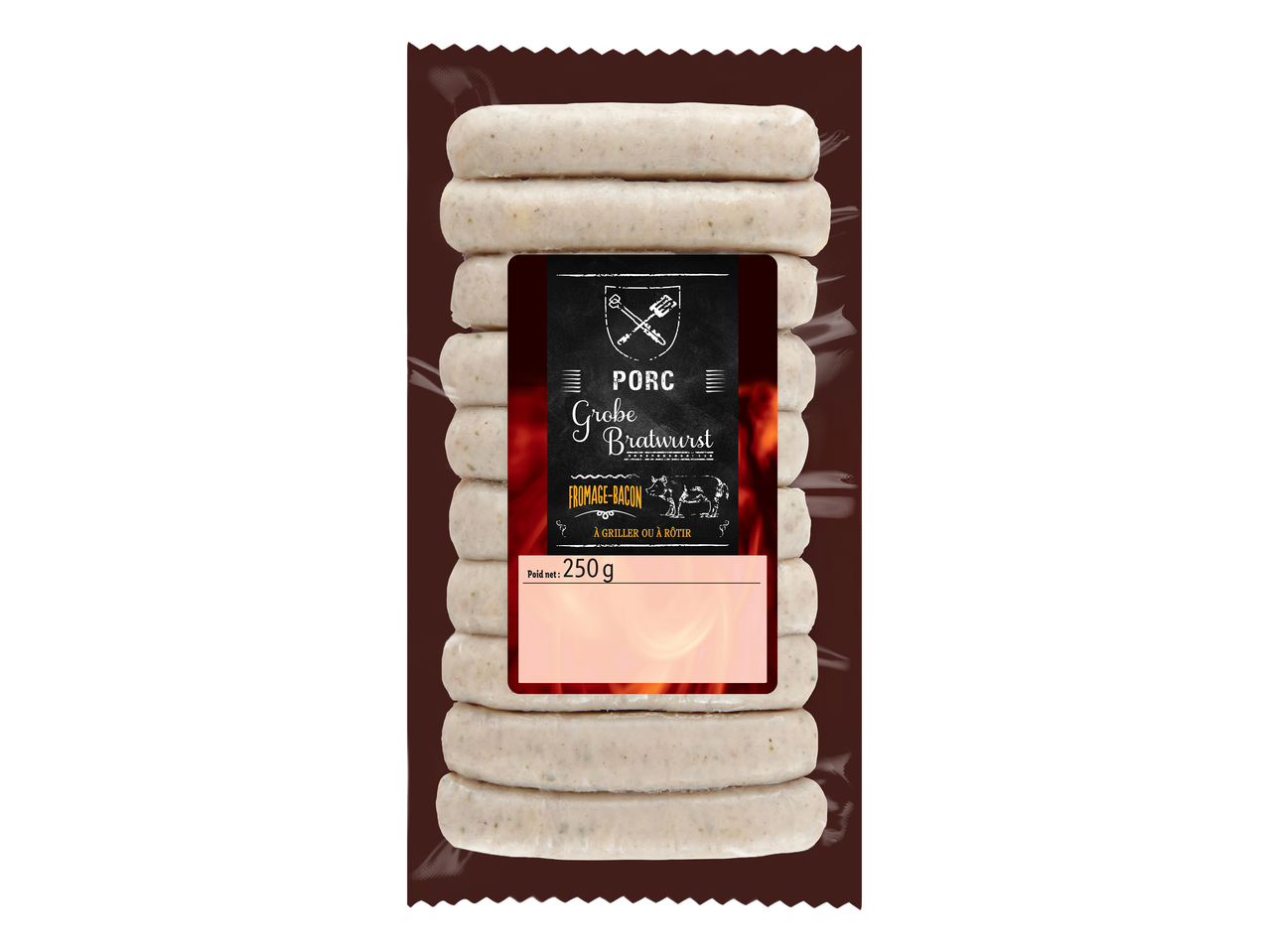 Paquet de saucisses de porc crues, type bratwurst, au fromage et au bacon, 250g.