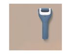 Blue electric foot file with a white head and two buttons on a beige background.