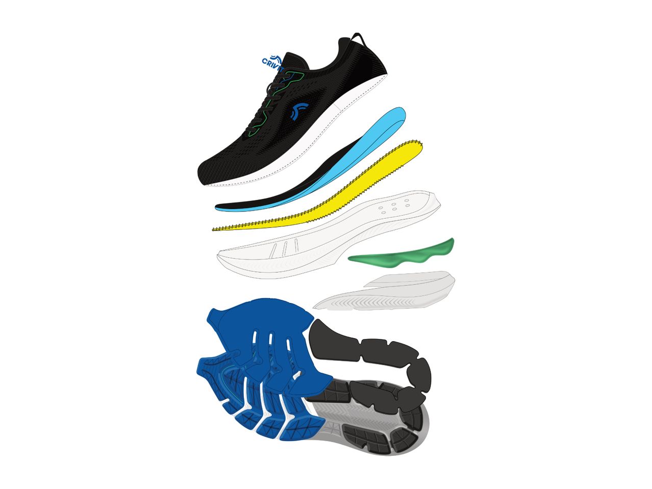 Exploded view of a Crivit running shoe showing its various components.